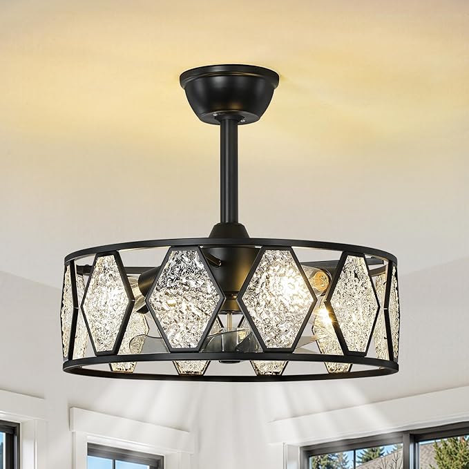 Crystal Caged Ceiling Fans Lights: 18.9'' Farmhouse Fandelier Ceiling Fan with Remote 6 Speeds Black Semi Flush Mount Industrial Chandelier Modern Low Profile Ventilador de Techo for Bedroom Kitchen
