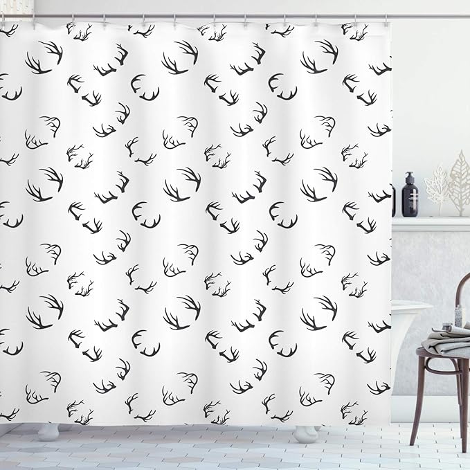Ambesonne Deer Shower Curtain, Deer Horns Pattern Barbed Bone Winter Modern Simple Minimalistic Artwork, Cloth Fabric Bathroom Decor Set with Hooks, 69" W x 70" L, Grey Charcoal