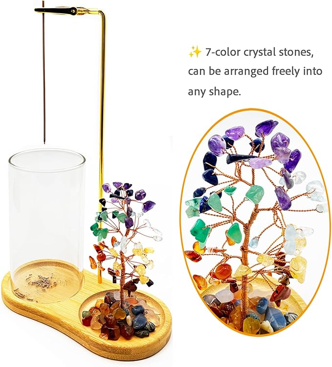Upside-Down Hanging Incense Stick Holder with 7 Chakra Crystal Tree Design, Glass Ash Catcher & Wooden Base - Aromatherapy Accessory for Meditation, Yoga & Home Decor