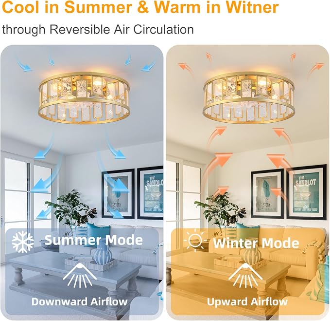 Garwarm 20IN Caged Ceiling Fan with Light,Flush Mount Ceiling Fans with Lights and Remote,Bladeless Fandelier Low Profile Ceiling Fan Light Fixture for Bedroom,Kitchen,Dining Room, Gold