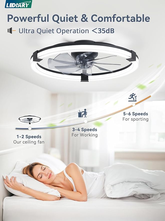 LEDIARY Ceiling Fans with Lights, 23 Inch Low Profile Ceiling Fan with Remote, 6 Speeds, Reversible, Dimmable Flush Mount Fan Light, Modern Fandelier Ceiling Fan with Lights for Bedroom, Black
