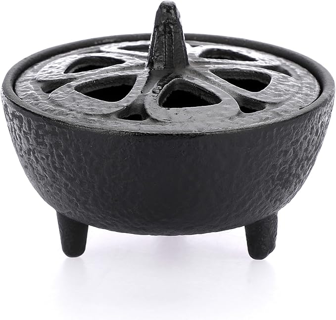 JUXYES Vintage Tripod Incense Burner Holder with Lid, Cast Iron Incense Holder Metal Cauldron Censer Antique Cone Coil Incense Burner Holder for Incense Resins, Charcoal, Cones or Wax Melts