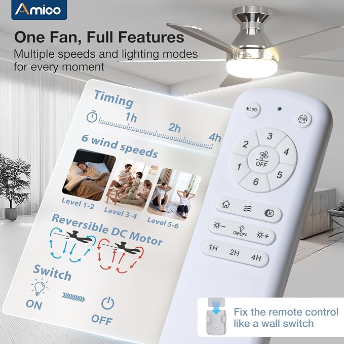 Amico 42 inch Smart Ceiling Fans with Lights, Low Profile Ceiling Fan, Remote/Alexa Voice Control, Flush Mount, Reversible DC Motor, 5 Blades, 6 Speeds, 3CCT, Dimmable, Noiseless, Bedroom, Nickel