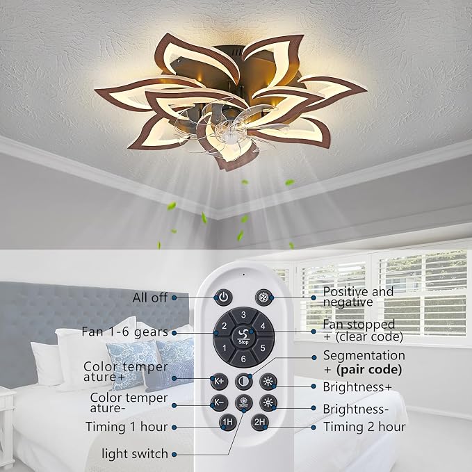 32inch Flower Modern Ceiling Fans with Lights, Low Profile Ceiling Fan with Remote for Bedroom, Flush Mount Ceiling Fan with LED Dimmable Light,6-Speeds, Timing CeilingFan Light-Walnutcolor