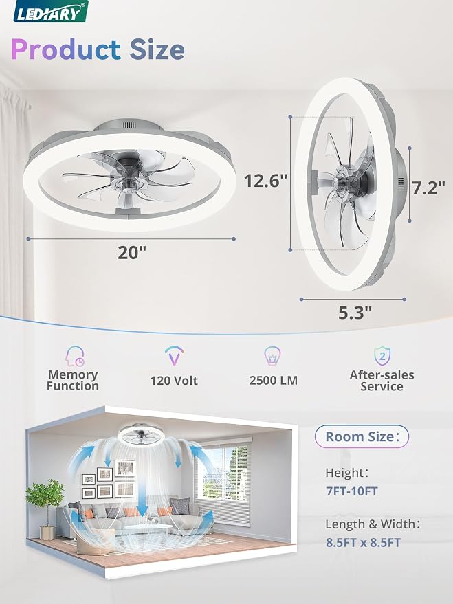 LEDIARY RGB Low Profile Ceiling Fans with Lights and Remote, 20 Inch Dimmable Modern Fan Light(3000K-6000K), 6 Speed, Reversible, APP & Remote Control, Flush Mount Ceiling Fan for Bedroom, Grey