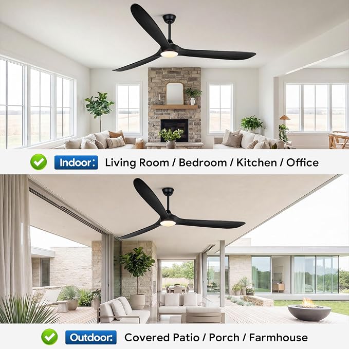 Ceiling Fans with Lights, 82 Inch Extra Large Black Ceiling Fan with Remote, 3 Wood Blades DC Motor, High CFM, Noiseless, Propeller Damp Rated Outdoor Ceiling Fan for Patios, Exterior