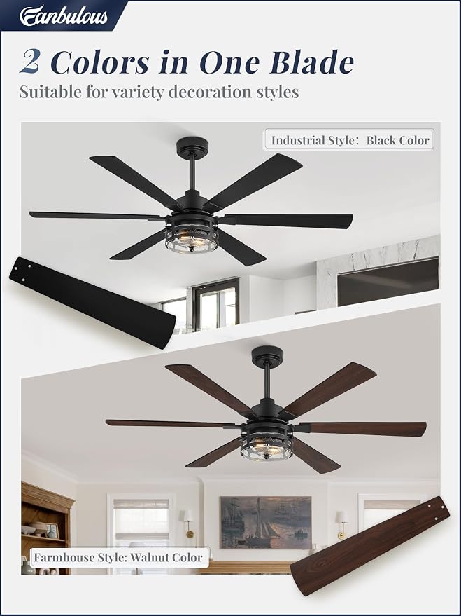 Fanbulous 56 Inch Large Farmhouse Ceiling Fan with Light & Remote,Black | Powerful 6-Speed Reversible DC Motor, Industrial 6 Dual Finish Blades, Ideal for Living Room, Bedroom, Patio, Garage