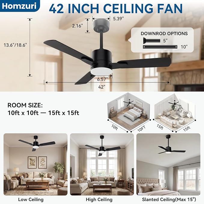 42" Ceiling Fan with Light and Remote, 6 Speed, Reversible Quiet DC Motor, 3CCT & Dimmable, Fast Install, Dual Finish 3 Blades Downrod Ceiling Fan with Lights for Bedroom, Living Room, Apartment