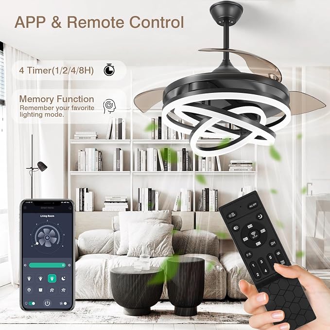 TXCSLY Retractable Ceiling Fan, 42 Inch Chandelier Ceiling Fans with Light, Modern Fandelier Ceiling Fan for Bedroom Living Room Dinning Room, Reverse Motor, 3 Color Temperature, 6 Wind Speed-Black