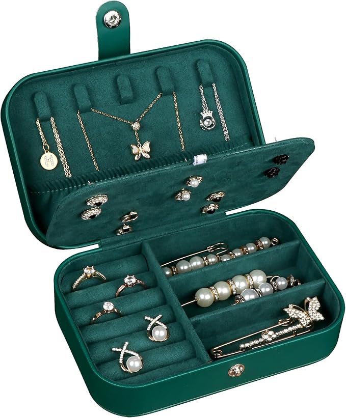 Hatori Travel Jewelry Box, PU Leather Small Jewelry Organizer for Women Girls, Double Layer Portable Mini Travel Case Display Storage Holder Boxes for Stud Earrings, Rings (Ink Green)