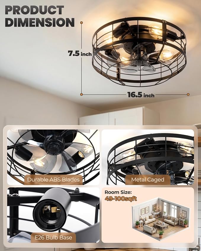 Caged Ceiling Fan with Light, 16 Inch Farmhouse Round Flush Mount Fan Lights Ceiling Fixtures, Need Assembly, 6 Speeds Reversible Motor Small Bladeless Ceiling Fans for Bedroom, Living Room