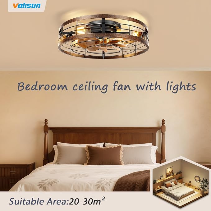 VOLISUN Farmhouse Caged Ceiling Fans with Lights Flush Mount, 23.6'' Rustic Low Profile Ceiling Fan with Light and Remote, Bladeless Fandelier Ceiling Fans with Lights for Kitchen, Bedroom-Gold
