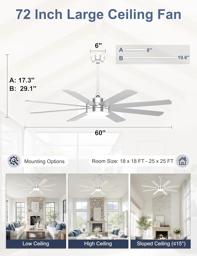 60'' Silver Ceiling Fan with Lights for Indoor/Covered Outdoor | Remote/APP Control, 3CCT Dimmable, Quiet DC Motor, Reversible Airflow, 8 Blades Modern Overhead Fan for Patio, Living Room