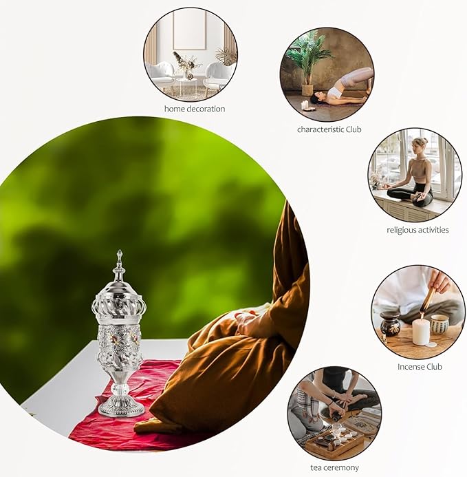 RCFINE Electric Incense Burner Bakhoor Metal Incense Burner Middle Eastern Style Arabic Incense Burner for Aromatherapy Yoga Spa Home Tabletop Decoration (Silver)