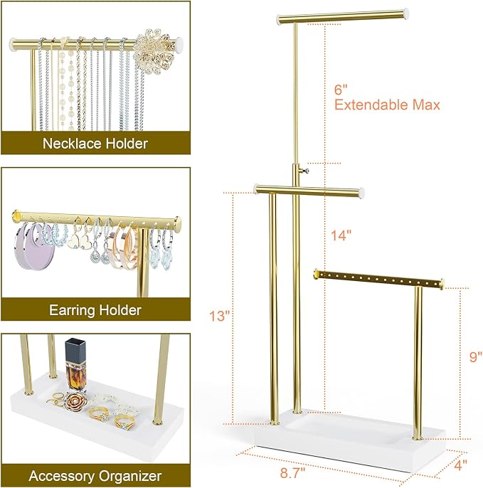 SRIWATANA Jewelry Organizer Display Extra Tall Necklace Holder 3 Tier Jewelry Tree Stand, Gift Idea (White & Gold) | Modern Luxury Jewelry Tree with Wood Base Tray; Ideal to Organize Long Necklaces, Earrings, Rings