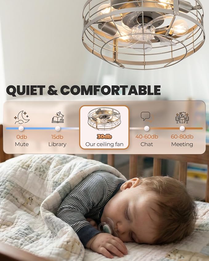 16 Inch Caged Ceiling Fan with Light, Farmhouse Round Flush Mount Fan Lights Ceiling Fixtures, Need Assembly, E26 Base 6 Speeds Reversible Motor Bladeless Ceiling Fans for Bedroom, Living Room, Silver