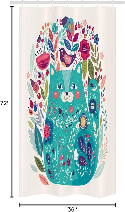 Ambesonne Cat Stall Shower Curtain, Kitty Surrounded by Birds Flowers Ladybugs Inspirational Folk Theme, Fabric Bathroom Decor Set with Hooks, 36" W x 72" L, Multicolor Seafoam