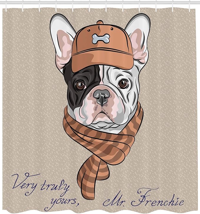 Ambesonne Vintage Shower Curtain, Funny Hipster French Bulldog with Cap and Lines Scarf Punk Animal Humor Art, Cloth Fabric Bathroom Decor Set with Hooks, 69" W x 75" L, Brown Ecru