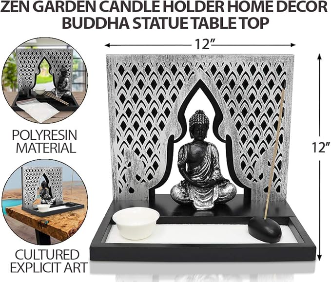 Zen Garden Candle Holder Home Decor - Buddha Incense Stick Holder Office Desk Accessories - Zen Garden Sand Office Decor - Buddha Statue Table Top - 12" x 12"