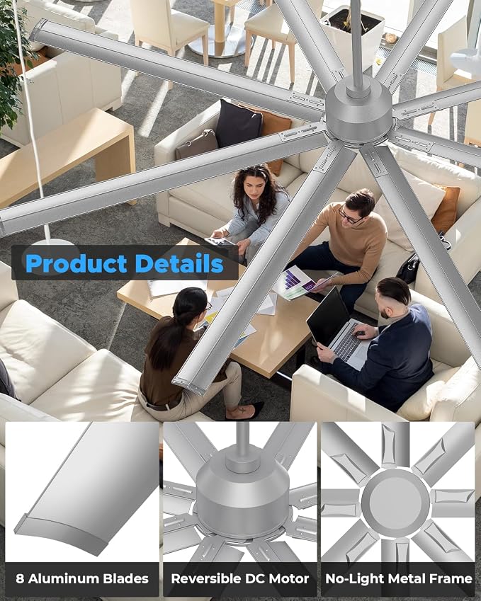 96 Inch Industrial Ceiling Fan, Large Commercial HVLS Shop Ceiling Fan for Garage Gatio Gym, Big Assed Ceiling Fans with 8 Metal Blades, Quiet Reversible DC Motor, Remote Control, 6 Speeds(Silver)