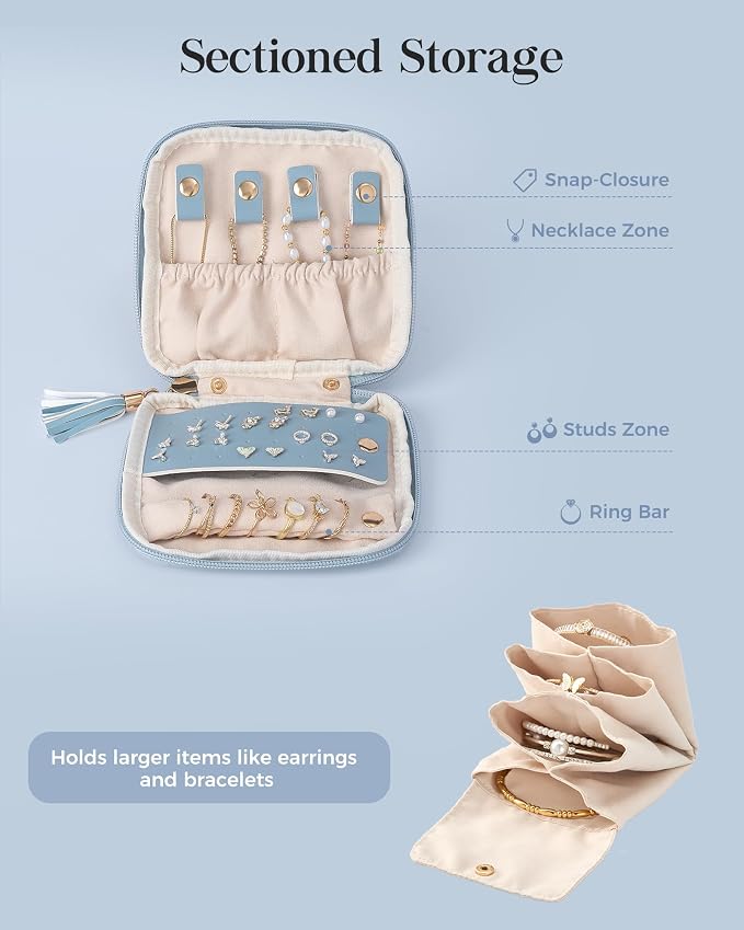 Lolalet Travel Jewelry Case Organizer, Soft Jewellery Pouch -Dustyblue | Storage Bag for Traveling Women, with Multi Compartments for Packing Necklaces, Earrings, Bracelets