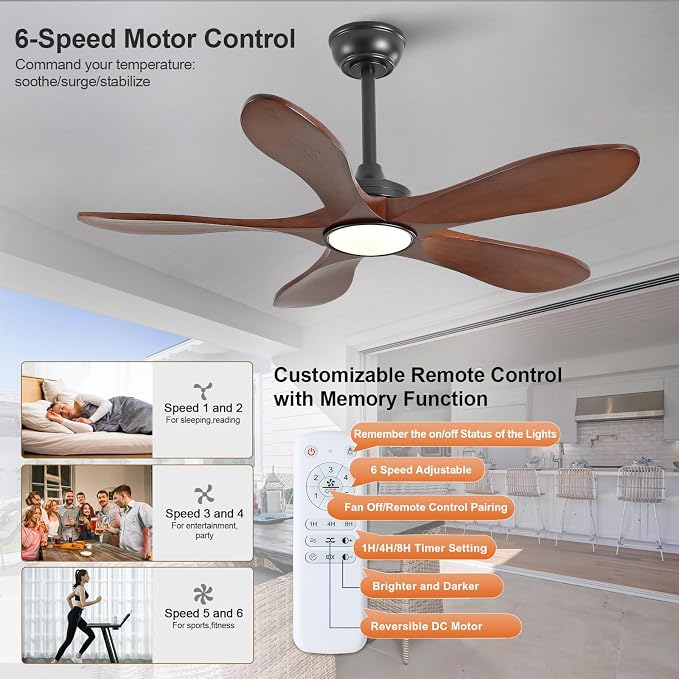 42 Inch Black Ceiling Fans with Lights and Remote Control, Indoor Outdoor Modern Wood Ceiling Fan with Light for Patio Study, Bedroom, 5 Blades, Dimmable, Reversible DC Motor, Memory Function
