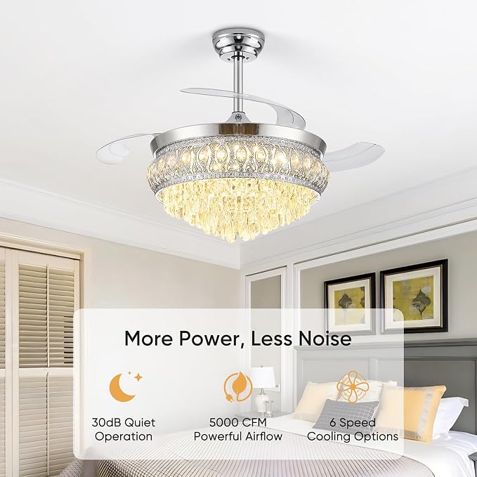 48" Fandelier Ceiling Fan with Light, Crystal Retractable Ceiling Fan with Lights and Remote, Chandelier Fans for Bedroom Living Room, Reversible DC Motor, Dimmable, 6 Speeds - Chrome