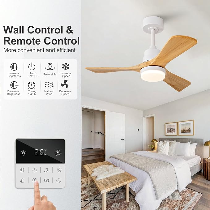 36 Inch Outdoor Ceiling Fans with Lights and Remote Control, Dimmable 3 Blades Wood Outdoor Ceiling Fans for Patios White Natural Wood Bedroom Ceiling Fan with Light, Wall Switch