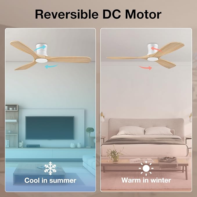 52” Wood Ceiling Fans with Lights Remote,Low Profile Flush Mount Ceiling Fan with Light,Outdoor Indoor Modern Ceiling fans for Bedroom Living room Patio,Light Wood&White,3 Blades,Dimmable LED,Quiet