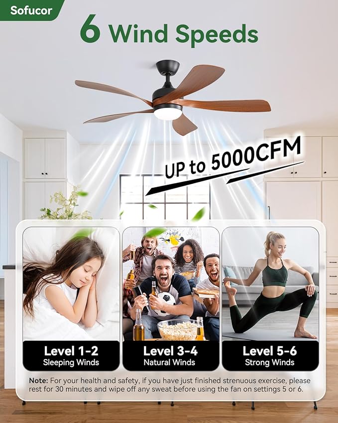 Sofucor 52" Smart Ceiling Fan, Indoor/Outdoor Ceiling Fans with Lights and Remote, Compatible with Alexa/Google/App, 3-Color Light 6-Speed Timing Reversible DC Motor for Bedroom Living Room Patio