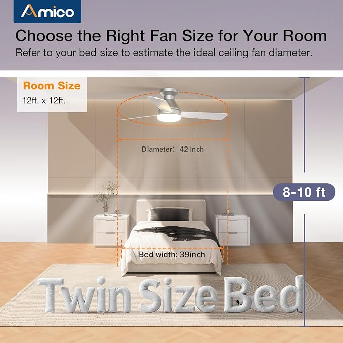 Amico Ceiling Fans with Lights, 42 inch Low Profile Ceiling Fan with Light and Remote Control, Flush Mount, Reversible, 3CCT, Dimmable, Noiseless, Silver Ceiling Fan for Bedroom, Indoor/Outdoor Use