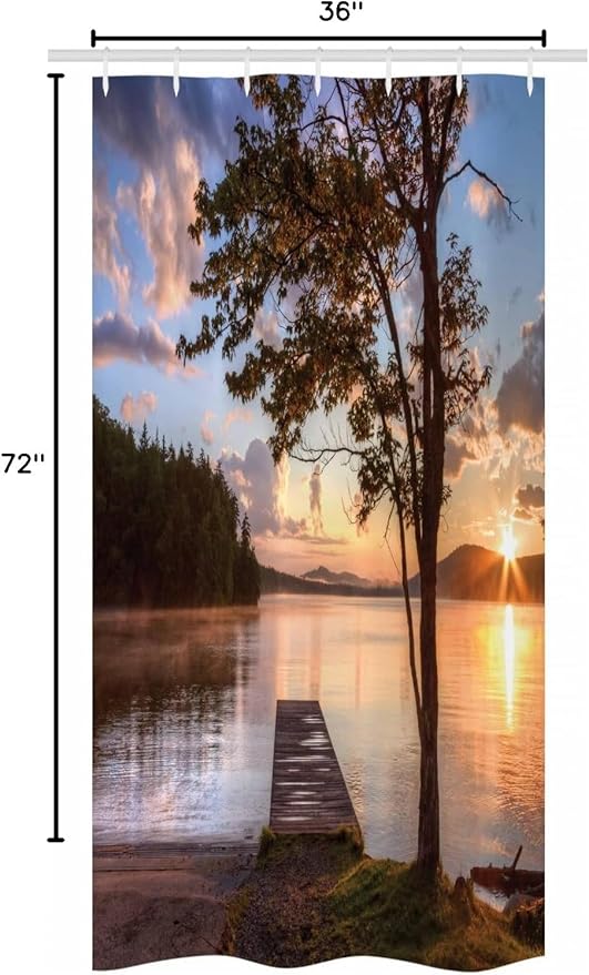 Ambesonne Seascape Stall Shower Curtain, Shore of Seventh Lake Tree Sunbeam at Sunset Water Reflection Tranquility, Fabric Bathroom Decor Set with Hooks, 36" W x 72" L, Brown Peach