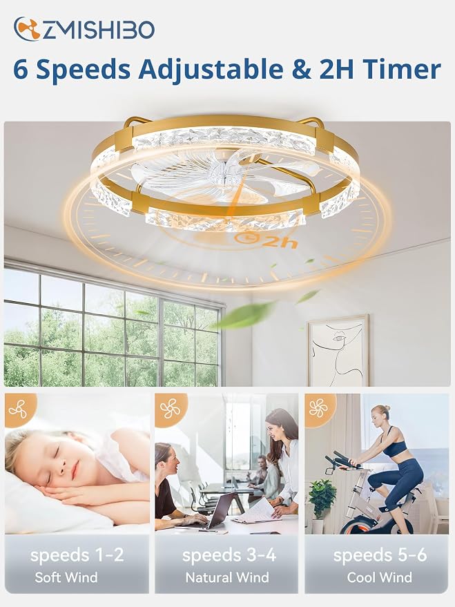 ZMISHIBO 24 Inch Flush Mount Ceiling Fan with Light, Bladeless Low Profile Enclosed Fan for Bedroom Kids Room, 6 Speeds Reversible DC Motor, 3CCT Dimmable Smart App Control