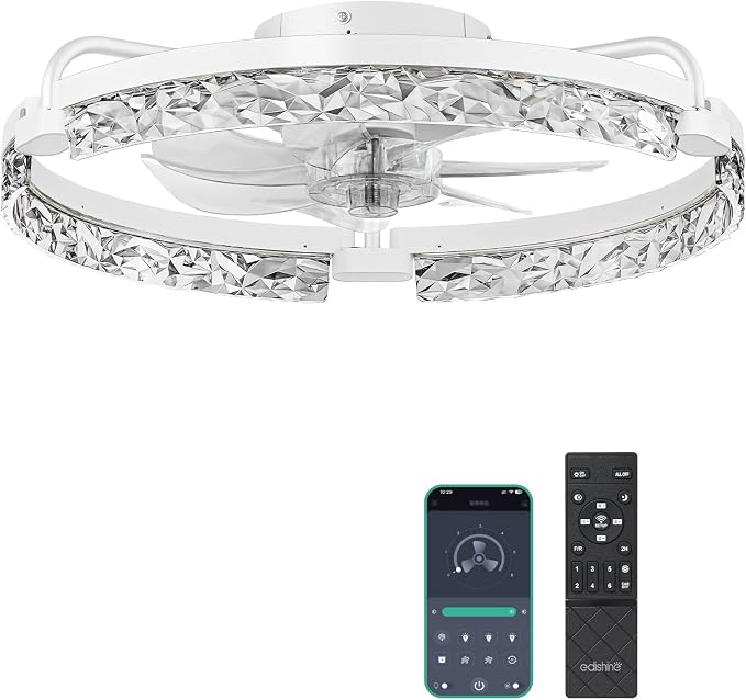 EDISHINE 20'' Ceiling Fans with Lights and Remote, Low Profile Flush Mount Fandelier, 3000-6000K Dimmable, 6 Speeds, DC Motor, LED Modern Bladeless Fan Light for Bedroom, Living Room, White