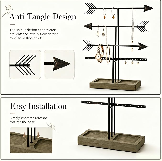 Urban Deco Arrow Jewelry Organizer Stand 4-Tier Black Jewelry Stand Necklace Organizer With Wooden Ring Holder For Jewelry Display Bracelet Holder Stand Earring Organizer For Girls - Black