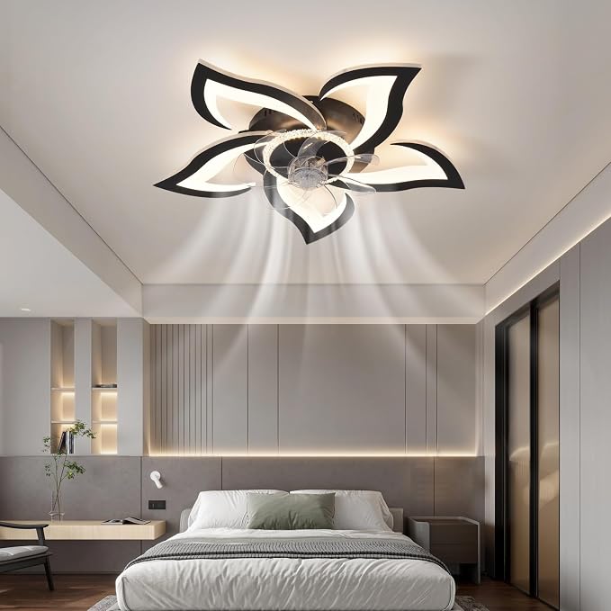 26" Geometric Ceiling Fan with Lights Remote Control, 6 Speeds 3 Colors, Black Low Profile Flush Mount Ceiling Fan for Kitchen Bedroom Living Room