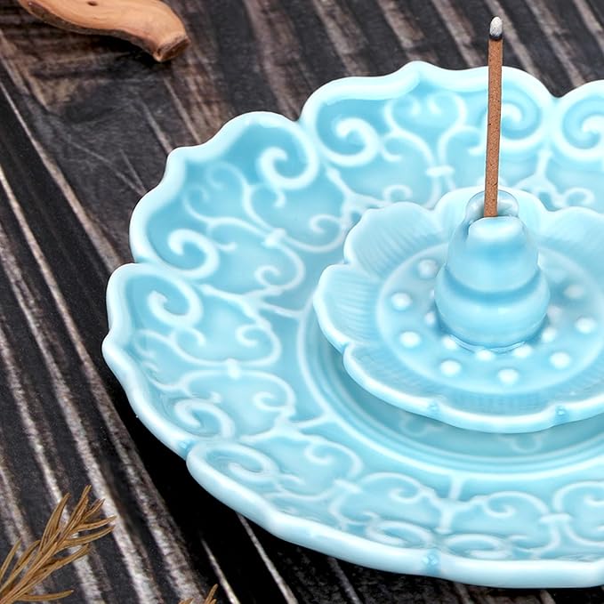 Incense Burner Lotus Incense Stick Holder Incense Holder for Sticks Ceramics Incense Burner Tray for Home Decor Yoga Meditation (Blue)
