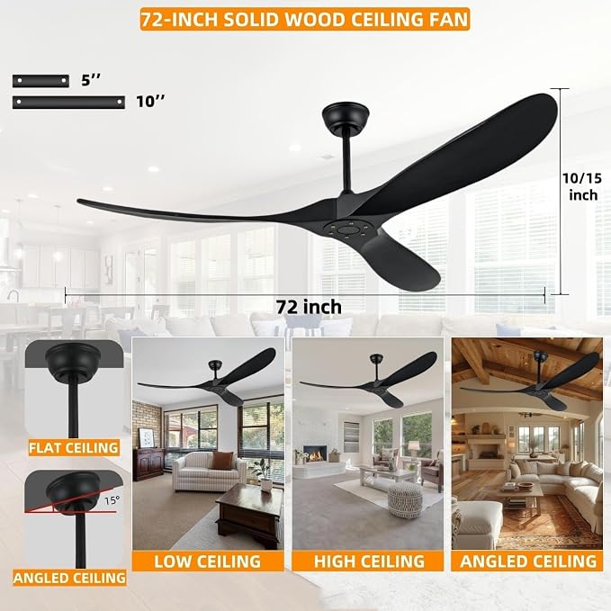 72 Inch Outdoor Ceiling Fan Without Light with Remote Control, Large Ceiling Fan Without Light, 3 Solid Wood Leaf Ceiling Fans, Suitable for Terrace, Living Room, Farmhouse(Black, 72 inch)