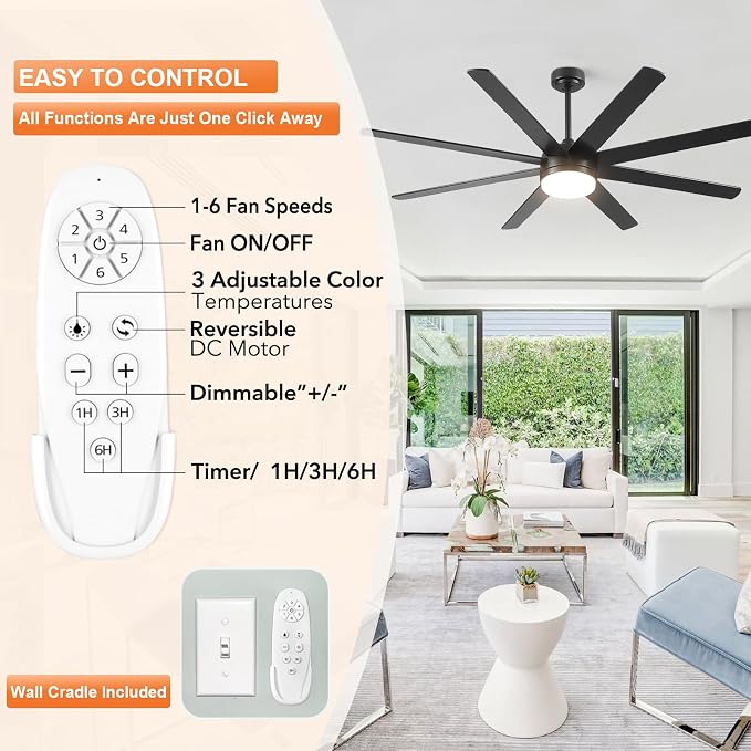 YUHAO 62 Inch Black Ceiling Fan with Light and Remote Control.Noiseless,Dimmable,3CCT,6 Speeds Reversible, DC Ceiling Fans for Indoor or Covered Outdoor Use.ETL Listed