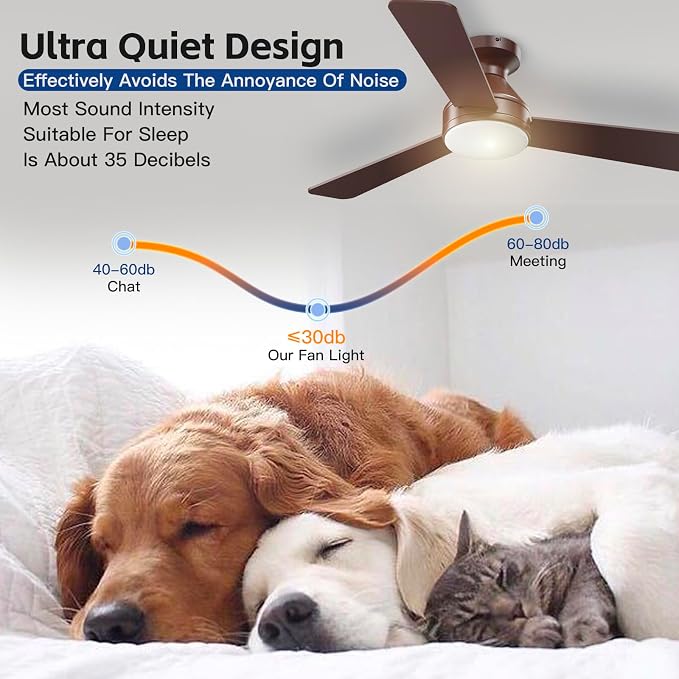 Ceiling Fans with Lights, 42 Inch Ceiling Fan with Light And Remote, 3CCT Flush Moun Low Profile Ceiling Fans, 6 Speed Noiseless LED Ceiling Fan, Advanced Brown Ceilings Fan for Bedroom Living Room