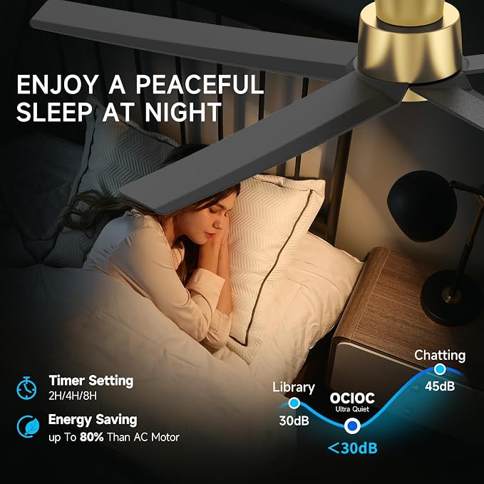 ocioc 52 inch Ceiling Fans with Lights, Large Air Volume Ceiling Fans with Reversible Quiet DC Motor and Remote（Black-Gold）