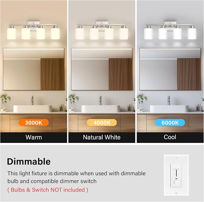 FonmYim Brushed Nickel Bathroom Light Fixtures, 4-Light Modern Vanity Light Over Mirror, Wall Sconces with Milky White Frosted Glass Shades, E26 Socket (Bulbs Not Included)