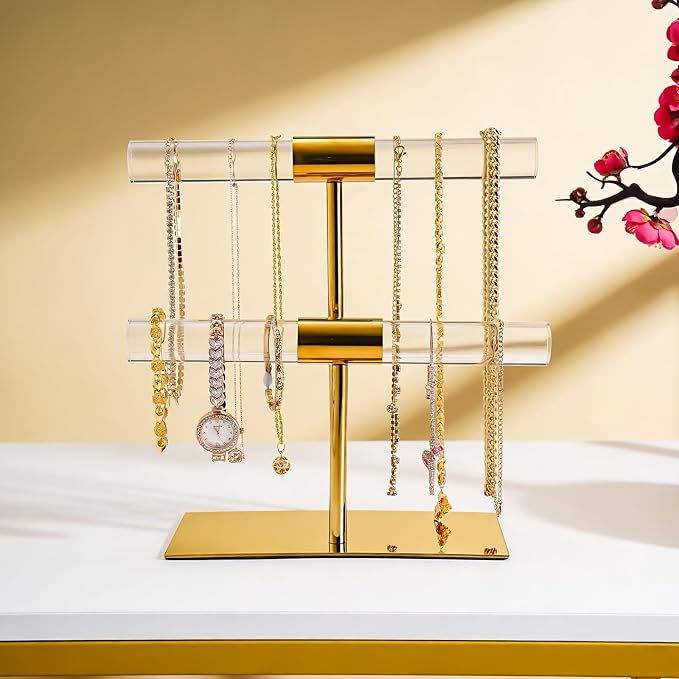 Display Stand Acrylic Jewelry Towers - Stainless Steel Long Necklaces Stand 2-Tier Crystal Tabletop Jewelry Organizer Home Decor for Store Boutique Vendors