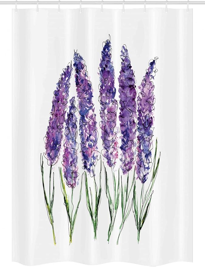 Ambesonne Watercolor Flower Stall Shower Curtain, Illustration of Lavender Flowers Fresh Colors Mint Family Plant, Fabric Bathroom Decor Set with Hooks, 54" W x 78" L, Violet White