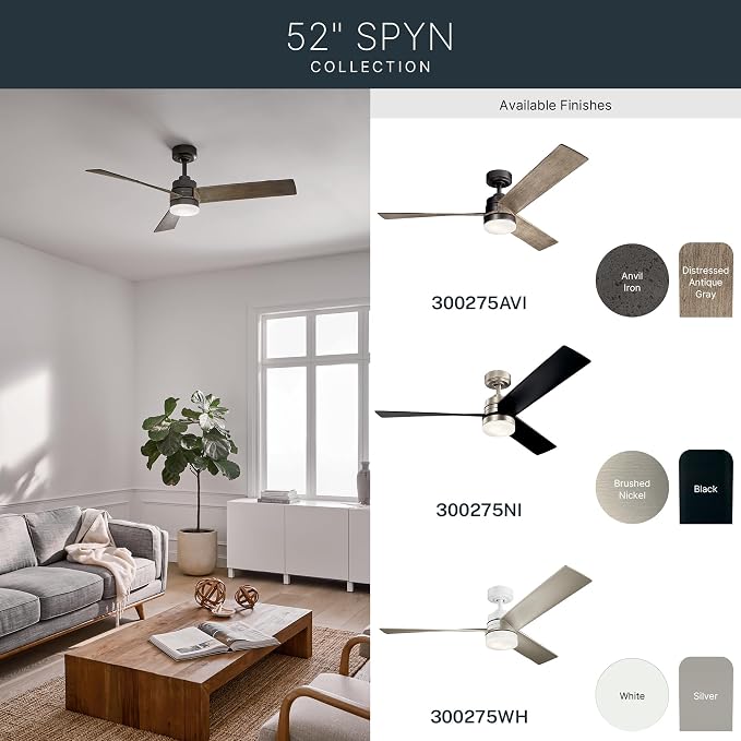 Kichler Spyn 52" Ceiling Fan with LED Lights in Anvil Iron, 3-Blade Contemporary Industrial Ceiling Fan, 3000K, Included Wall Control, (52" W x 14.5" H), 300275AVI