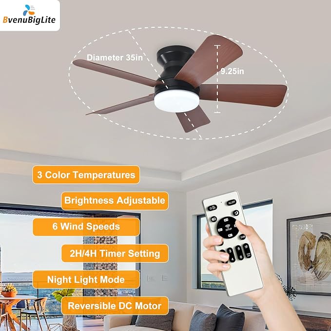 Ceiling Fans with Lights and Remote: 35 Inch Ceiling Fan with Light Low Profile - Flush Mount Ceiling Fan 5 Blades Reversible 3CCT Dimmable Noiseless for Bedroom (Black& Walnut)
