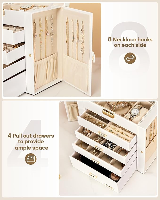 Homde Synthetic Leather Huge Jewelry Box Mirrored Watch Organizer Necklace Ring Earring Storage Lockable Gift Case (White + Gold)