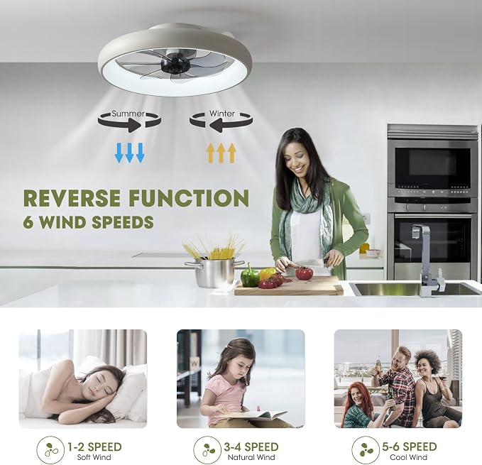 LUDOMIDE Ceiling Fans with Lights and Remote, 20'' Low Profile Flush Mount, 6 Wind Speeds, Modern Dimmable LED Ceiling Fan, Smart Ceiling Fan for Bedroom, Kids Room (White)