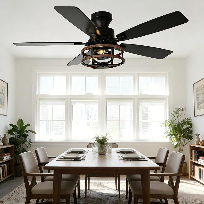 52" Flush Mount Farmhouse Ceiling Fan with Lights and Remote | Rustic Caged Fandelier Ceiling Fan, 5 Dual Blades Chandelier for Bedroom Living Room Dining Room, 3 E12 Bulbs (Not Included)