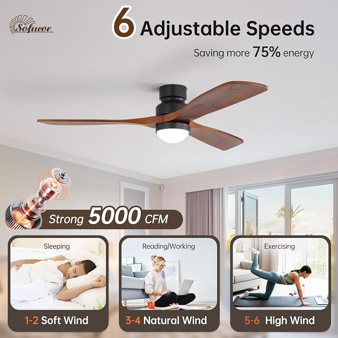 Sofucor 52" Solid Wood Ceiling Fan Lights, Flush Mount & Downrod Mount Ceiling Fan with Lights and Remote, Wood Blades Modern Outdoor Ceiling Fans for Bedroom/Farmhouse/Patio/Indoor